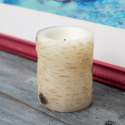 EVERLASTING GLOW<sup>&reg;</sup> Glow Wick™ Birch Candle - Enjoy the ambiance of candlelight safely with this flameless, smokeless LED wax candle.  Features a birch wood design and 5-hour timer.  Measures 3&quot;D x 6&quot;H and powered by 3 AAA batteries, included.