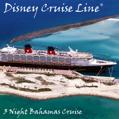 DISNEY CRUISE LINE<sup>&reg;</sup> 3-Night Bahamas Cruise - A magnificent cruise for 2 adults and 2 children filled with magic, romance and impeccable Disney service. Cruise sails from Port Canaveral, FL with stops in Nassau and Castaway Cay, Disney's secluded island retreat. Airfare not included.