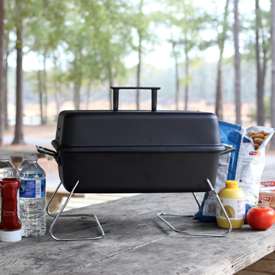 CHAR-BROIL<sup>&reg;</sup> Gas Tabletop Grill - Perfect for your next camping trip or tailgating party, this tabletop, gas grill is made of quality steel construction with a durable finish.  Features an easy to clean porcelain-coated cooking grid, heat resistant handles, 190 sq. inch cooking surface and convenient lid hanging feature.  Filtered regulator will protect your tank valve from sand and other debris.  LP tank not included.