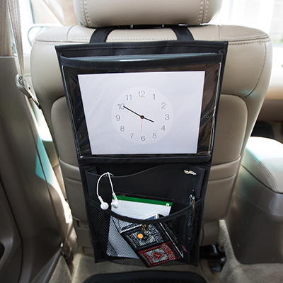 HIGH ROAD<sup>&reg;</sup> Media Organizer - Keep your vehicle organized and clutter-free.  Media organizer attaches around a car seat head rest and features a  quick-release buckle. Organizer measures 10.5" x 20" and has 3 pockets to hold electronics, kids stuff and anything else you need to put up out of the way.