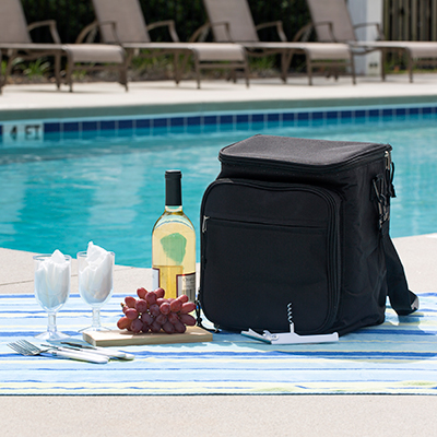 PREMIUMBAG<sup>&reg;</sup> Picnic Cooler Set - Great for your next outdoor adventure, this cooler also includes picnic accessories.  Cooler measures 12"H x 9"W x 10"L with a top zippered opening and detachable shoulder strap.  Front zippered pocket holds wine tool, 2 forks and knives, two plastic beverage glasses and 2 napkins.