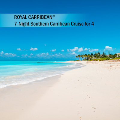 ROYAL CARIBBEAN<sup>&reg;</sup> 7-Night Southern Caribbean Cruise for 4 - Enjoy sun, sand and beautiful waters with your Southern Caribbean cruise on board one of Royal Caribbean’s<sup>&reg;</sup> cruise lines. Accommodations in a 2 bedroom Owners Suite.  Subject to availability based on request.  Airfare not included.