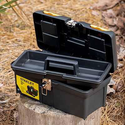 STANLEY<sup>&reg;</sup> Tool Box with Tray - This 16&quot; tool box is ideal for storing and organizing your tools. Features include two lid organizers for small parts storage, built-in pad lock for small locks, full length tote tray inside to store smaller items, wide rubber coated handle for easy and comfortable grip, and nickel metal-plated latches.  Measures 16&quot; X 8&quot; X 7&quot;.
